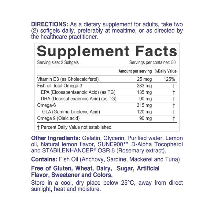 Nordic Sunshine Omega 3-6-9 688mg + Vitamin D3 25mcg, Hormone Support, Lemon Flavor - 100 Softgels Nordic Sunshine