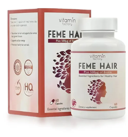 Feme Hair Growth Supplement 60 Capsules – Biotin, Zinc & Silica Formula for Stronger Hair