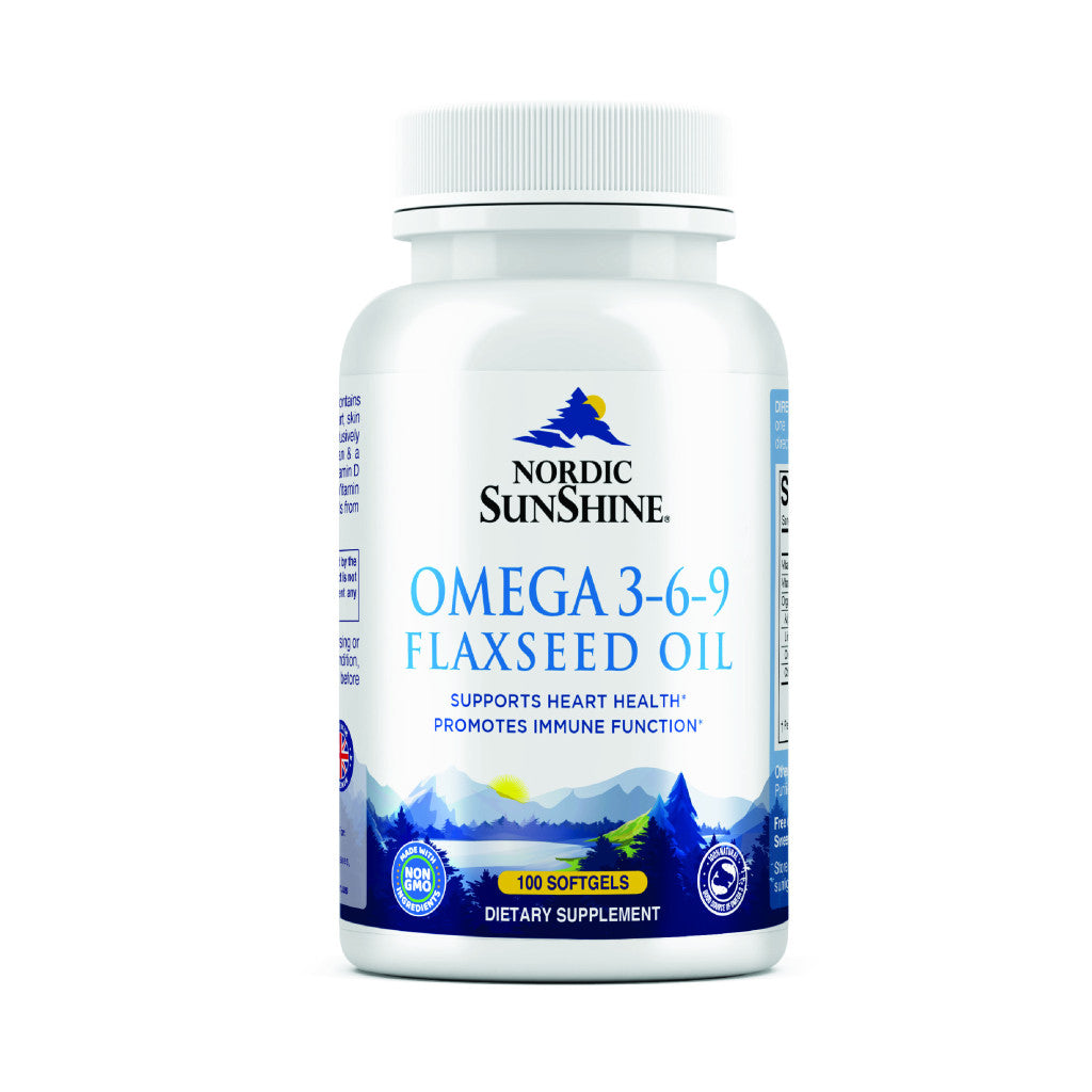Nordic Sunshine Omega 3-6-9 Flaxseed Oil 1000mg, ALA-Rich Plant-Based Formula with Vitamin D & E for Heart, Brain -100 Softgels Nordic Sunshine