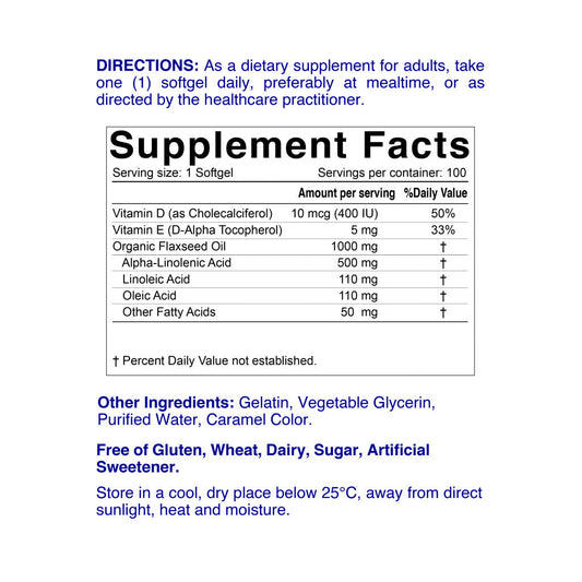 Nordic Sunshine Omega 3-6-9 Flaxseed Oil 1000mg, ALA-Rich Plant-Based Formula with Vitamin D & E for Heart, Brain -100 Softgels Nordic Sunshine