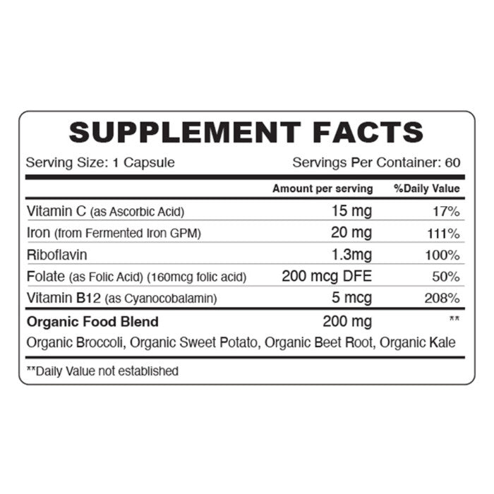 Organic Earth Gentle Iron Supplement with B12, Folate, and Vitamin C for Energy - 60 Capsules Organic Earth