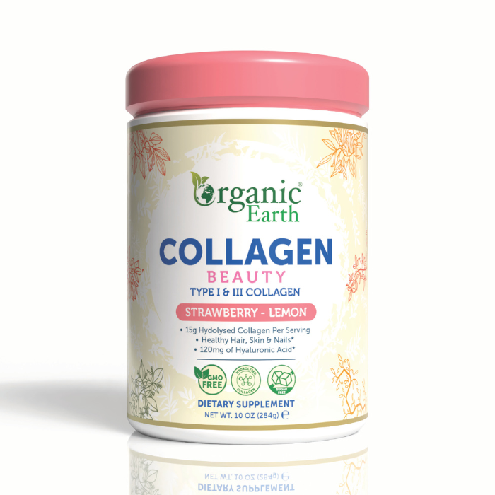 Organic Earth Collagen Beauty Strawberry-Lemon, Hydrolyzed Collagen with Hyaluronic Acid and Vitamin C - 284g Organic Earth