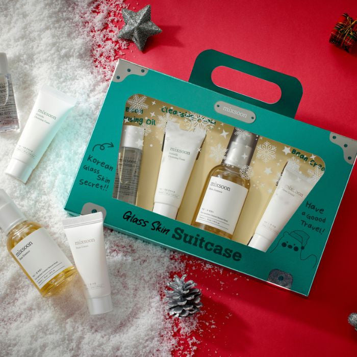 Mixsoon Glass Skin Suitcase – Travel Skincare Set with Bean Cleansing Oil, Centella Foam, Essence and Cream Mixsoon