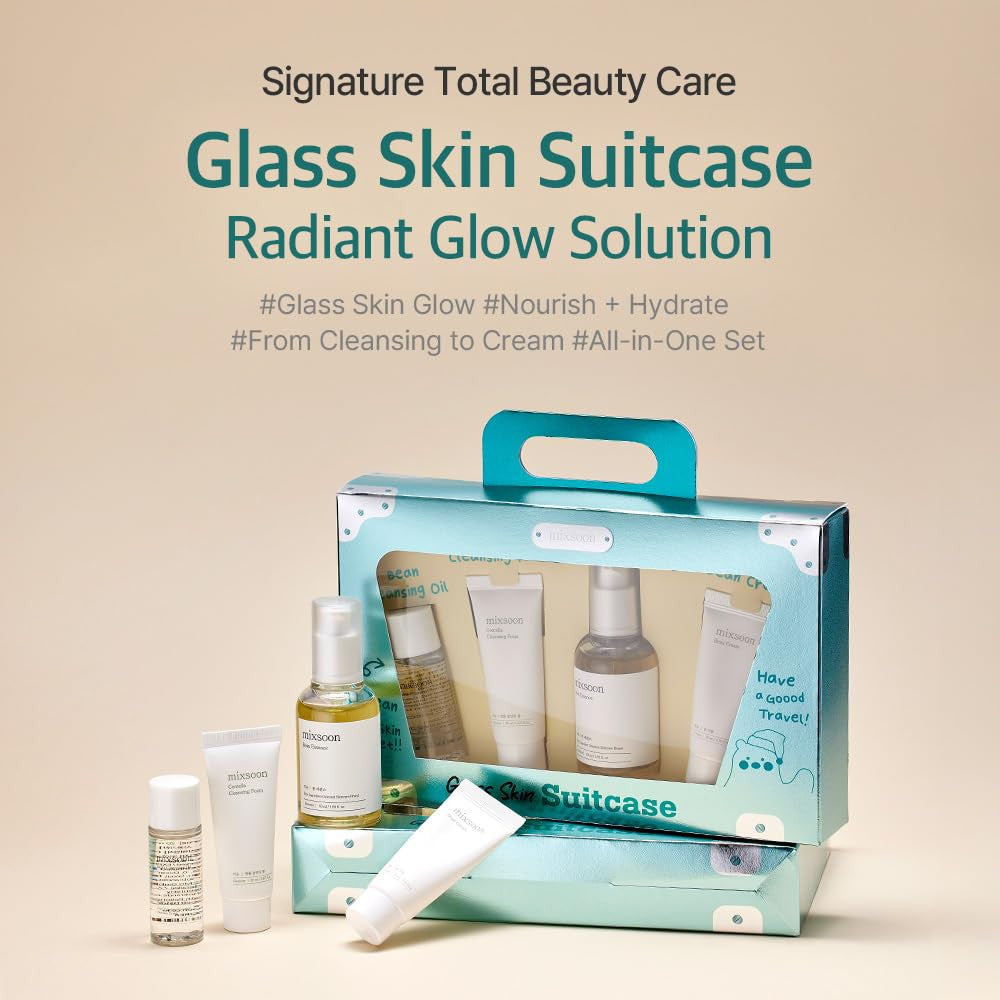 Mixsoon Glass Skin Suitcase – Travel Skincare Set with Bean Cleansing Oil, Centella Foam, Essence and Cream Mixsoon