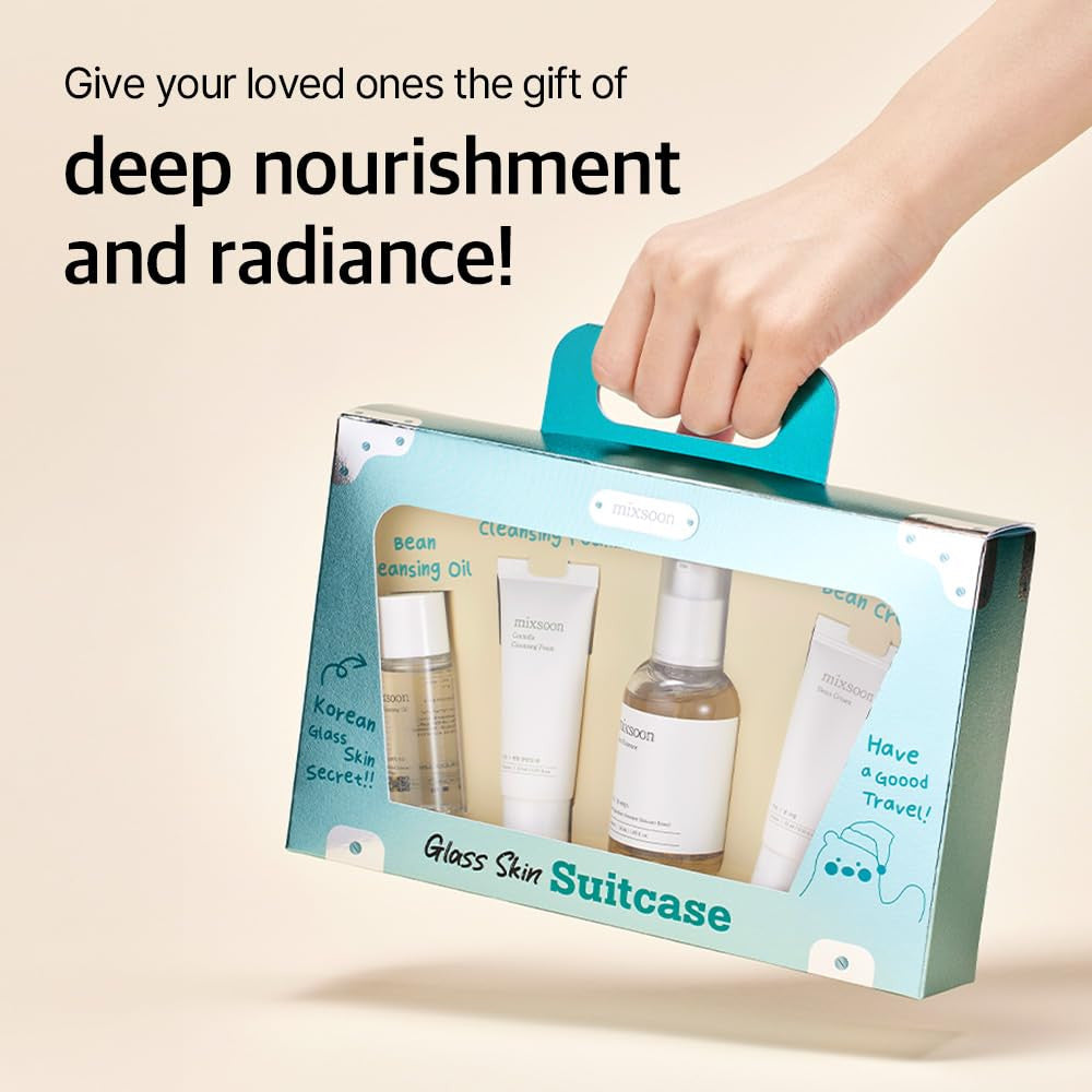 Mixsoon Glass Skin Suitcase – Travel Skincare Set with Bean Cleansing Oil, Centella Foam, Essence and Cream Mixsoon