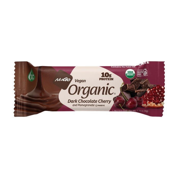NuGo Organic Dark Chocolate Cherry Protein Bar 50g, Vegan, Gluten Free, 10g Plant Protein, Pack of 12 pcs NuGo