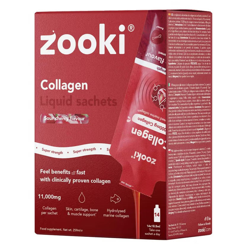 Zooki Super Strength Marine Collagen 11000mg Sour Cherry Flavor Liquid Sachets 18.5ml, Pack of 14's Zooki