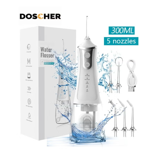 Portable Water Dental Flosser For Teeth Cleaning Dental Oral Irrigator With 4 Modes Scalable 5 Jet Nozzles IPX7 Water Resistance 300ML doscher